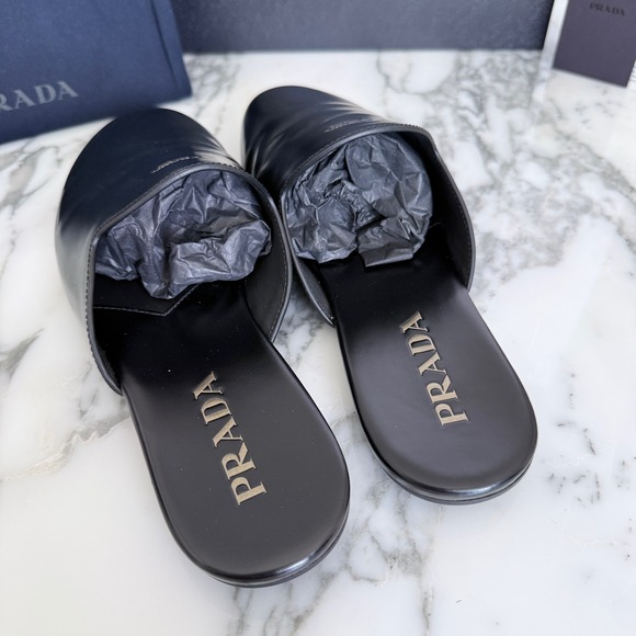 Prada Milano Black Leather Mule Slides Gold Logo Slip On Flat Shoes Mens UK6.5 main image 10